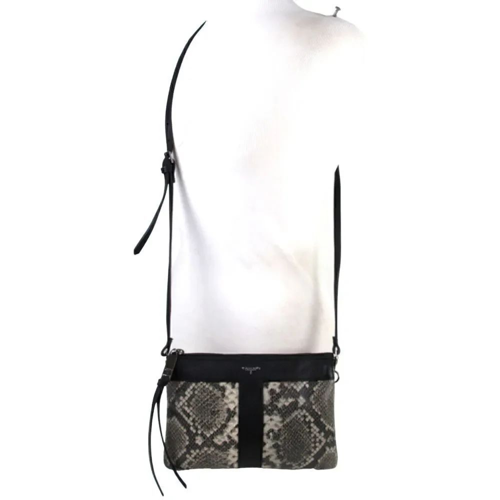 Tahari GRAY BLACK GENUINE LEATHER SNAKE PRINT X-BODY SHOULDER BAG CLUTCH HANDBAG